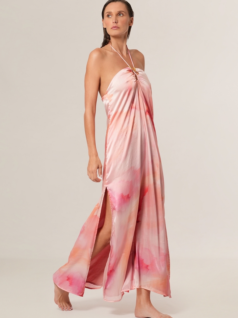 Watercolor Pink Halter Maxi Dress